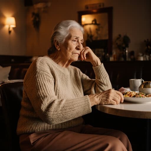 70대 중동계 여성이 자연스럽게 묘사된 따뜻한 하반신 사진입니다. 그녀는 카페 테이블에 앉아 편안한 니트 스웨터와 세련된 바지를 입고 있습니다. 걱정스러운 표정을 지으며 가족을 생각하며 식사를 준비하는 모습이 아늑하고 친밀한 카페 환경에서 포착되었습니다.