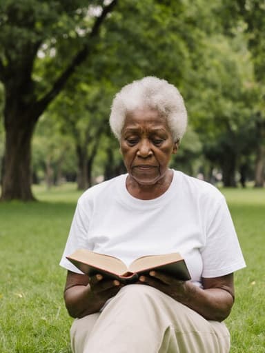 70대 흑인 여성의 반신 사진으로, 편안한 티셔츠와 면바지를 입고 크로스 레그로 앉아 있으며, 손에는 책을 들고 있습니다. 지루한 표정을 짓고 있으며, 푸르른 나무와 잔디로 둘러싸인 공원 배경에서 촬영되었습니다.