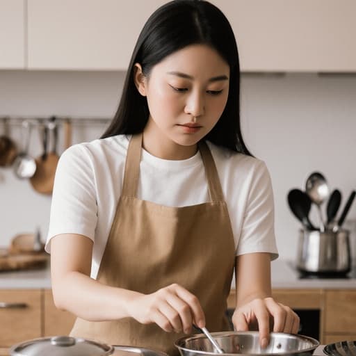 20대 아시아계 여성이 편안한 주방용 작업복과 앞치마를 착용하고 반신 샷으로 포착되었습니다. 자연스러운 외모를 갖춘 그녀는 주방 용품을 정리하며 조금 찡그린 표정으로 집중하는 모습이 깔끔하고 정돈된 주방 배경 속에서 강조됩니다.