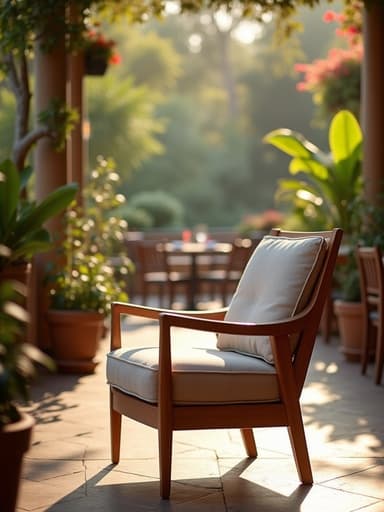고급 레스토랑 테라스의 중앙에 있는 의자, 자연광이 스며들며 매력적인 분위기를 만들어냄.