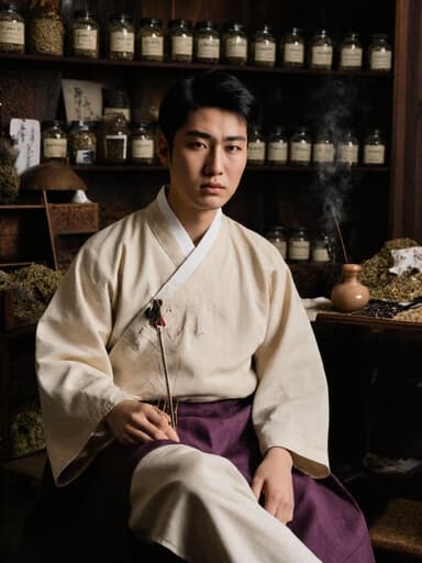 이미지는 편안한 전통 한복을 입은 10대 후반의 라틴계 남성이 다리를 뻗고 앉아 침 치료 도구를 들고 집중한 표정을 짓고 있는 모습을 담고 있습니다. 배경은 다양한 약재와 뜸 도구가 잘 배치된 전통적인 한약방으로, 고요하고 헌신적인 분위기를 반영하고 있습니다.
