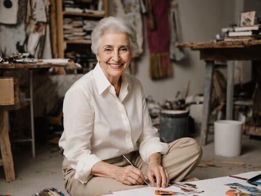 60대 중동계 여성이 우아한 블라우스와 편안한 바지를 입고 바닥에 앉아 있습니다. 그녀는 자연스러운 미소를 지으며 다양한 디자인 샘플이 있는 아늑한 스튜디오에서 크리에이티브 디자인 도구를 사용하고 있어, 편안하고 예술적인 분위기를 만들어냅니다.