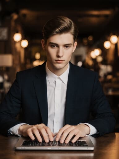 아늑한 카페에 앉아 있는 10대 후반의 유럽계 남성이 깔끔한 흰색 셔츠와 어두운 색의 재킷을 입고, 자신감 있는 표정으로 노트북에 집중하고 있습니다. 카페의 따뜻한 조명이 편안하고 초대하는 분위기를 만들어냅니다.