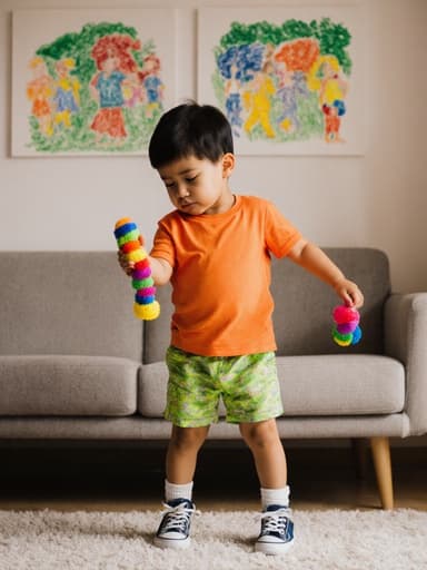 밝은 색상의 티셔츠와 반바지를 입고 장난감을 손에 들고 춤추고 있는 3세 라틴계 남자아이의 전신 사진, 아늑한 거실에서 어린이 그림이 걸려 있어 어린 시절의 상상력을 담고 있는 순간을 포착합니다.