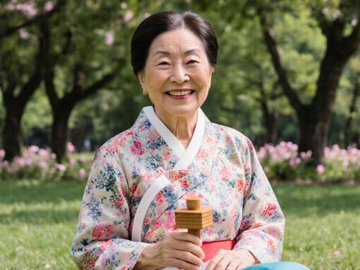 70대의 혼혈 여성은 화려한 꽃무늬 한복을 입고 푸르른 공원의 잔디 위에 편안하게 앉아 있으며, 전통 놀이 도구인 윷을 들고 기분 좋고 만족스러운 미소를 짓고 있습니다.