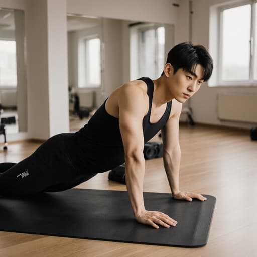 10대 후반의 한국인 남성이 편안한 운동복을 입고 필라테스 매트 위에서 운동 자세를 취하며 고민하는 표정을 짓고 있는 모습이 반신샷으로 담겨 있습니다. 밝고 아늑한 현대 필라테스 센터에서 건강과 피트니스에 대한 그의 헌신을 반영하고 있습니다.