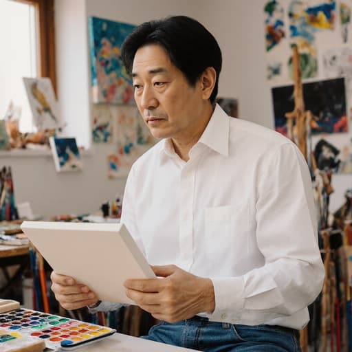 40대 아시아계 남성이 자연스러운 외모로 캐주얼한 흰색 셔츠와 청바지를 입고 있는 반신 사진입니다. 그는 캔버스와 물감을 살펴보며 다음 작품을 고민하는 듯한 표정을 짓고 있습니다. 배경은 다양한 미술 도구와 전시된 작품들이 있는 아트 스튜디오의 내부로, 창의적인 분위기를 자아내고 있습니다. 부드럽고 따뜻한 조명이 장면의 예술적 분위기를 더욱 강조합니다.