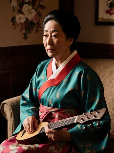 70대 혼혈 여성이 화려한 전통 한복을 입고 아늑한 카페 소파에 앉아 전통 악기를 들고 있는 반신 촬영. 그녀의 그리운 표정은 깊은 향수를 드러내며, 전통 장식으로 꾸며진 따뜻하고 초대하는 카페 분위기 속에 있습니다.