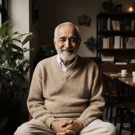 이미지는 편안한 니트 스웨터와 면바지를 입은 80대 중동계 남성이 아늑한 카페에서 명상 자세로 따뜻한 미소를 지으며 앉아 있는 모습을 보여줍니다. 배경에는 푸른 식물과 책들이 배치되어 있어 부드러운 조명과 함께 평화롭고 초대하는 분위기를 연출합니다.