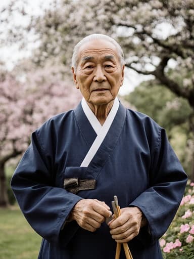 80대 동양인 남성이 전통적인 한복을 입고, 나무와 꽃들로 둘러싸인 조용한 공원에서 서 있는 전신 사진. 그는 전통 공예 도구를 들고 있으며, 지루한 표정이 주변의 생기 넘치는 자연과 대조를 이룹니다.