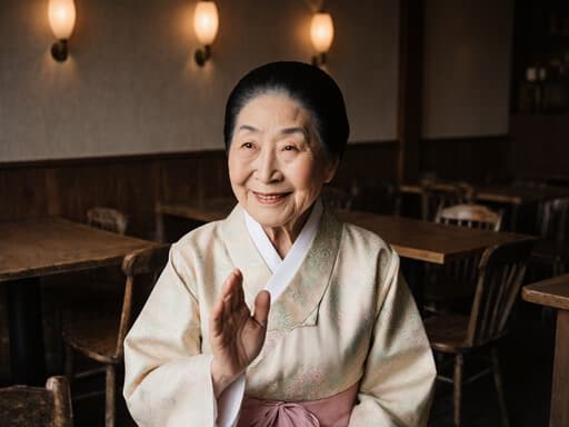 이미지에는 80대의 동양인 여성이 부드러운 패턴의 전통 한복을 입고, 아늑한 카페 환경에서 따뜻하게 미소 지으며 상대방에게 인사하는 모습이 담겨 있습니다.