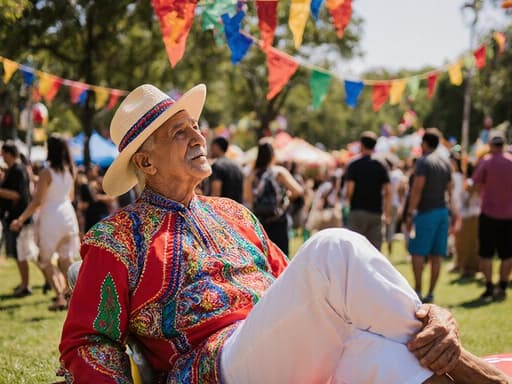 전통 축제에 어울리는 화려한 의상을 입은 80대의 라틴계 남성이 편안하게 다리를 꼬고 앉아 지혜로운 표정을 지으며 주변 사람들과 대화하는 모습의 반신 사진. 다채로운 장식과 즐거운 군중이 가득한 공원에서 열리는 전통 축제의 생동감이 느껴진다.