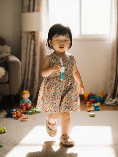 졸린 표정을 짓고 있는 3살 한국인 여성의 전신 사진, 화사한 드레스와 슬리퍼를 착용하고 이 닦기 용품을 들고 아늑한 거실에서 걷고 있다. 방에는 장난감이 흩어져 있고 햇빛이 들어와 따뜻한 분위기를 자아낸다.