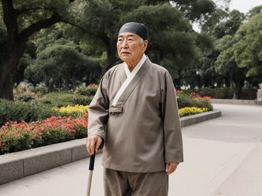 70대 한국인 남성이 전통 한복을 입고 아름답게 가꿔진 공원에 서 있습니다. 그의 표정은 걱정스러움이 느껴지며, 가벼운 지팡이를 들고 조심스럽게 걸으면서 깊은 생각에 잠긴 모습입니다. 그의 의상의 화려한 색감이 나무와 꽃들이 만개한 평화로운 풍경과 조화를 이루고 있습니다.