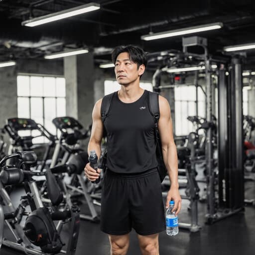 건강한 외모의 40대 한국 남성이 운동복과 운동화를 입고 체육관에 서 있습니다. 그는 물병을 들고 어깨에 체육관 가방을 메고 있으며, 지루한 듯한 표정을 짓고 있습니다. 다양한 운동 기구들이 배경에 배치되어 있어 활기차면서도 편안한 피트니스 라이프스타일을 반영합니다.
