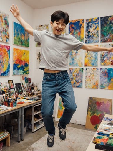자연스러운 외모를 지닌 10대 초반의 한국인 남성이 편안한 티셔츠와 청바지를 입고, 편안한 미소를 지으며 팔을 벌리고 점프하는 모습의 전신 샷. 그의 즐거운 기분이 창의적인 에너지를 발산하고 있으며, 배경은 다채로운 그림이 걸린 예술 스튜디오와 여러 가지 미술 도구가 배치된 공간으로, 예술적인 분위기를 더하고 있다.