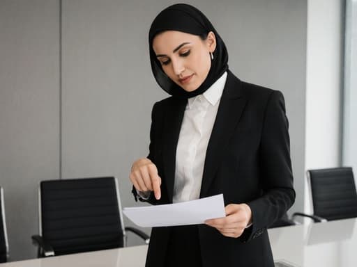 30대 중동계 여성이 고급스러운 블랙 정장과 화이트 블라우스를 착용하고 자신감 있게 서류를 가리키며 설명하는 모습으로, 현대적인 회의실에서 세련됨과 전문성을 나타내고 있습니다.