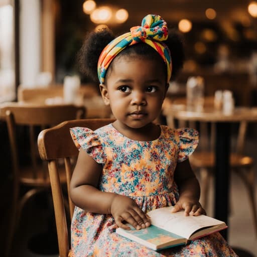 아늑한 카페에서 색색의 패턴이 있는 원피스와 화사한 머리띠를 착용한 3세 흑인 소녀의 사랑스러운 반신 사진입니다. 그녀는 작은 의자에 앉아 책을 들고 호기심 어린 표정으로 주위를 살펴보며, 카페의 따뜻한 조명과 장식이 만들어낸 아늑하고 초대하는 분위기 속에 있습니다.