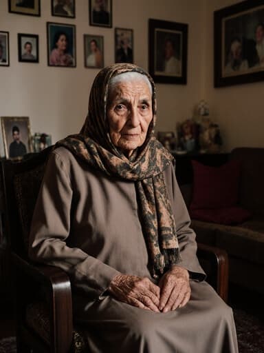 전통 의상을 입은 80대 중동계 여성의 반신 사진으로, 아늑한 거실에 앉아 걱정스러운 표정을 짓고 있습니다. 그녀는 무릎 위에 손을 올리고 약간 앞으로 기울어져 있으며, 가족 사진과 전통 장식품으로 따뜻한 분위기를 자아내고 있습니다.