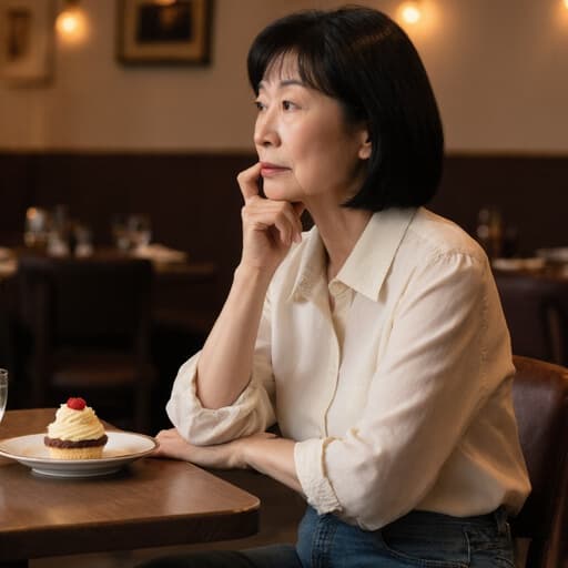 40대 동양인 여성이 캐주얼한 블라우스와 청바지를 입고 아늑한 카페에서 디저트를 앞에 두고 고민하는 표정을 지으며 앉아 있는 반신 사진. 따뜻한 조명과 매력적인 분위기가 그녀의 사색적인 기분을 만들어냅니다.