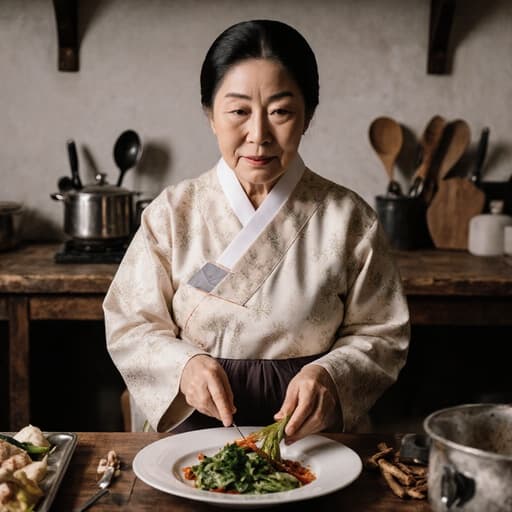 70대의 자연스러운 외모를 지닌 한국인 여성이 부드러운 패턴의 전통 한복을 입고, 전통적인 한국 주방에서 음식을 준비하는 모습이 담긴 반신 사진입니다. 재료를 손에 들고 차분한 표정을 짓고 있는 그녀는 요리에 대한 정성을 보여주며, 나무로 된 조리대와 요리 도구들이 있는 따뜻하고 초대하는 주방 배경 속에서 그려지고 있습니다.