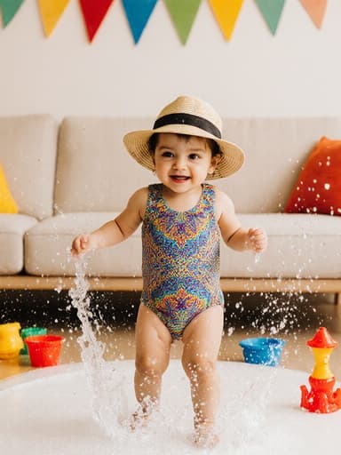 화려한 수영복과 모자를 쓴 중동계 여성 아기의 전신 사진. 물속에서 놀며 물장구를 치고 있지만 지루한 표정을 짓고 있는 모습, 밝고 아기자기한 장식이 있는 거실에서 물놀이용 장난감이 흩어져 있는 배경.