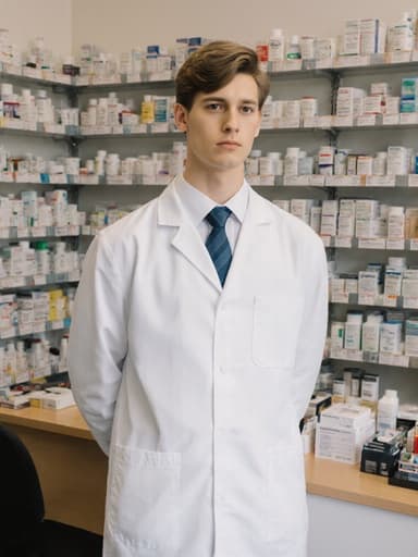 20대 유럽계 남성이 약사 복장을 하고 약국 상담실에서 무관심한 표정으로 약품 재고를 확인하고 있는 모습. 배경에는 약품 선반과 상담 테이블이 배치되어 있다.