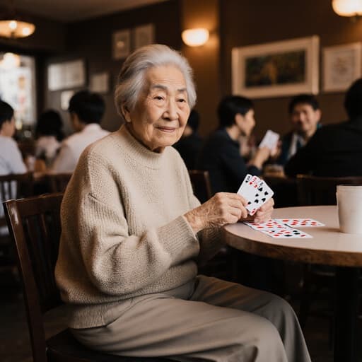 70대 동양인 여성의 반신 촬영으로, 니트 스웨터와 바지를 입고 아늑한 카페 테이블에 앉아 피곤한 표정과 약간의 미소를 지으며 카드를 들고 있는 모습. 주변의 다른 손님들이 있는 따뜻한 카페 분위기가 편안한 사회적 환경을 만들어냅니다.