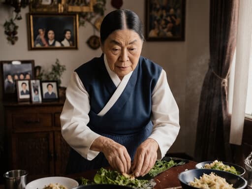 70대 백인 여성이 전통 한복을 입고 전통 음식을 만들기 위해 재료를 준비하는 모습이 반신 촬영으로 담겨 있습니다. 아늑한 거실에서 가족 사진과 장식이 따뜻한 분위기를 자아내며, 그녀의 지혜로운 표정이 따뜻함과 향수를 전달합니다.