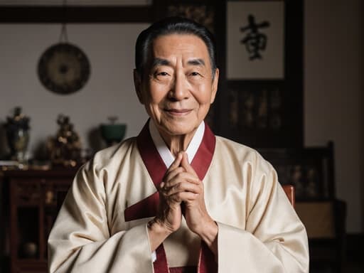따뜻하고 친근한 70대 한국인 남성이 전통 한복을 입고 전통적인 한국 거실에 서 있습니다. 그는 부드럽게 미소 지으며 두 손을 가지런히 모은 채 공연을 기다리고 있습니다. 아늑한 배경은 고전적인 가구와 장식이 어우러져 문화적인 분위기를 강조합니다.