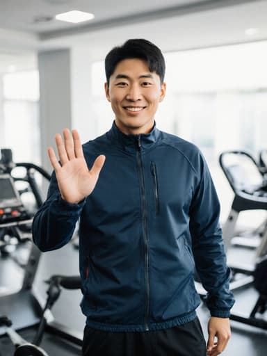 30대 동양인 남성이 건강하고 활기찬 모습으로, 깔끔한 트레이닝 재킷과 반바지를 입고 있습니다. 그는 고급스러운 표정으로 자신감 넘치고 친근한 느낌을 주며, 팔을 살짝 들어 인사하는 자세로 건강 관리에 대한 전문성을 나타내고 있습니다. 배경은 운동 기구가 있는 밝은 트레이닝룸으로, 전체적인 분위기를 에너지 넘치고 동기부여를 주는 느낌으로 만들어 줍니다.