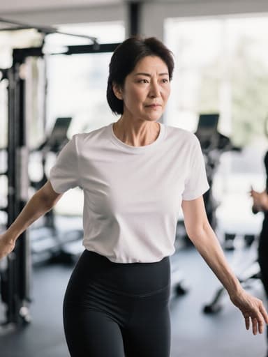 40대 자연스러운 외모의 여성이 편안한 티셔츠와 레깅스를 착용한 반신 사진. 그녀는 체력 평가에 집중하며 약간 찡그린 표정으로 활발한 춤 자세를 취하고 있으며, 운동 센터의 다양한 운동 기구들로 둘러싸여 에너지와 동기를 전달하고 있습니다.