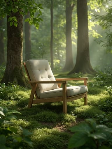 숲속의 아침 이슬이 맺힌 의자, 평화로운 분위기