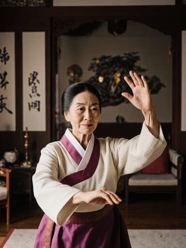 평온한 표정을 지닌 80대 동양인 여성이 전통 한복을 입고 아늑한 거실에서 전통 춤을 추며 우아하게 손을 움직이고 있는 모습, 평화롭고 우아한 분위기를 담고 있습니다.