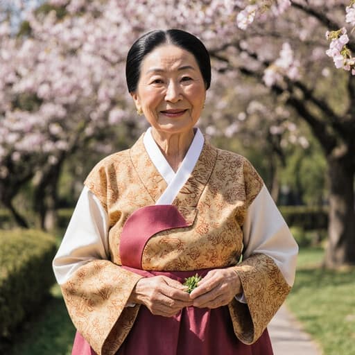 70대 혼혈 여성의 반신 사진으로, 따뜻한 색상의 전통 한복을 입고 있습니다. 그녀는 고마운 미소를 짓고 있으며, 전통 음식 재료를 손에 들고 꽃과 나무로 가득한 아름다운 공원에서 걷고 있습니다.