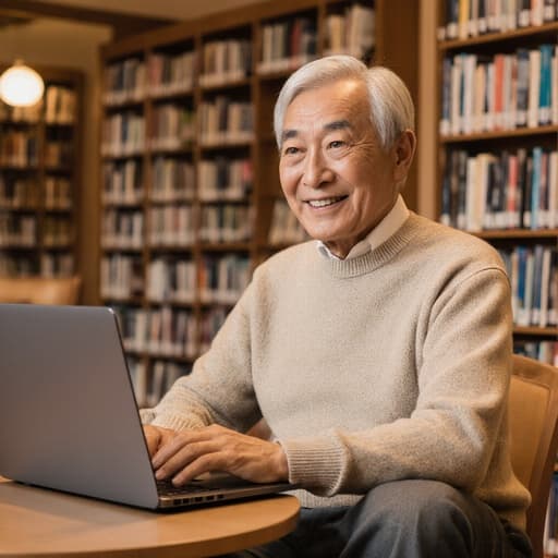 60대 동양인 남성이 편안한 니트와 바지를 입고 조용한 도서관에서 노트북 앞에 앉아 동영상을 열심히 시청하는 모습의 반신 사진입니다. 그는 책으로 가득한 서가와 따뜻한 조명 속에서 학습에 대한 열정을 드러내며 호기심 어린 표정을 지으며 있습니다.