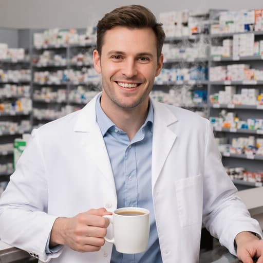 30대의 유럽계 남성이 자연스러운 외모로 흰색 약사 가운을 착용하고 캐주얼한 셔츠와 바지를 입고 있는 반신 사진. 그는 긍정적인 표정으로 따뜻한 미소를 지으며 한 손에는 커피 잔을 들고 다른 손은 약국 조제대 위에 놓여 있습니다. 배경은 약품이 진열된 선반과 조제 기구들로 잘 정리된 약국 실험실로, 전문적이면서도 친근한 분위기를 자아냅니다.