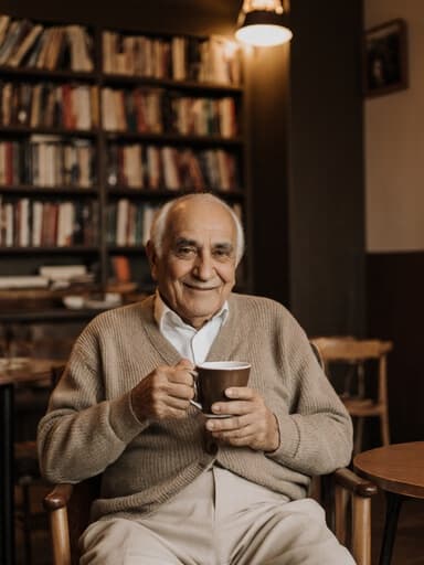 이 이미지는 아늑한 카페에서 편안한 카디건과 면바지를 입은 중동계의 노인이 등장합니다. 그는 의자에 편안하게 앉아 커피잔을 들고 따뜻한 미소를 지으며, 책장과 작은 테이블로 둘러싸인 아늑한 분위기를 연출하고 있습니다.