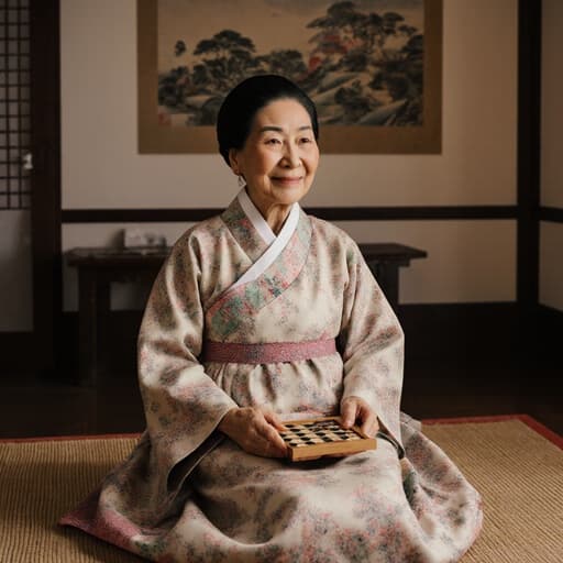 80대 유럽계 여성이 전통 한국의 한복을 입고, 만족스러운 표정을 지으며 윷 놀이 도구를 들고 있는 반신 사진, 전통 한국 그림으로 장식된 아늑한 거실 배경.