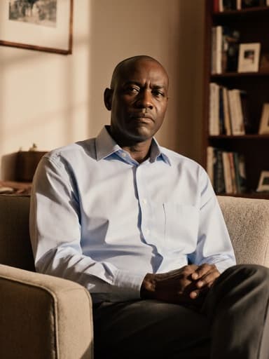 50대의 흑인 남성이 아늑한 거실의 소파에 편안하게 앉아 있는 반신상의 모습입니다. 그는 깔끔한 셔츠와 바지를 착용하고 있으며, 무릎 위에 손을 올려놓고 진지한 표정을 짓고 있습니다. 이 이미지는 사색과 편안함을 반영하는 따뜻한 분위기를 전달합니다.