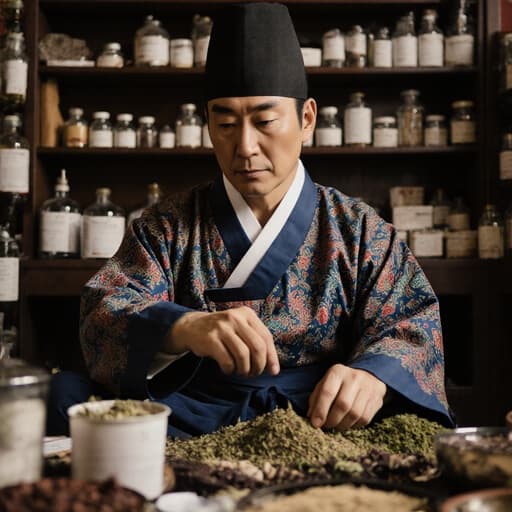 40대 아시아계 남성이 전통 한복을 입고 아늑한 한약 조제실 바닥에 앉아 한약재를 정리하는 모습입니다. 따뜻한 조명과 아늑한 배경이 평화로운 분위기를 만들어내며, 그의 차분한 표정과 전통 의상의 아름다움을 강조합니다.