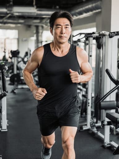 40대 한국인 남성이 자연스러운 외모로 평온하고 여유로운 표정을 지으며, 스포티한 상의와 반바지, 운동화를 착용한 전신 샷입니다. 그는 운동에 집중하며 달리고 있는 자세로 포착되어 있습니다. 배경은 다양한 운동 기구와 스포츠 장비로 가득한 실내 체육관으로, 운동적인 분위기를 강조하고 있습니다.