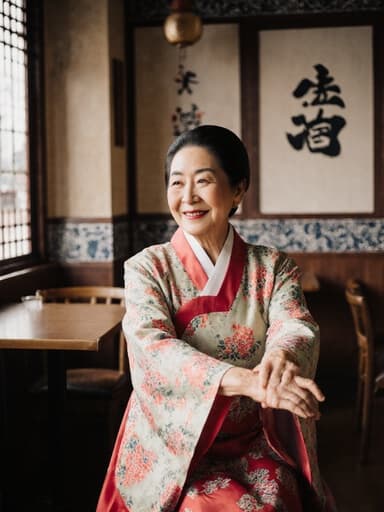 70대 한국인 여성의 반신 사진으로, 자연스러운 외모와 친근한 표정을 지으며 전통 한복을 입고 아늑한 카페에서 편안하게 스트레칭하는 모습입니다. 따뜻한 조명이 아늑한 분위기를 강조하며, 문화적이고 편안한 장면을 만들어냅니다.