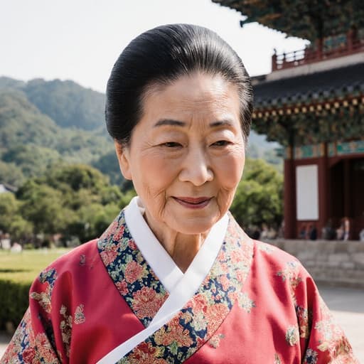70대 한국인 여성이 전통 한복을 입고 고개를 살짝 숙이며 "안녕하세요"라고 인사하는 모습의 반신 샷입니다. 배경은 전통 건축물이 있는 아름다운 공원으로, 문화적이고 평화로운 분위기를 강조합니다.