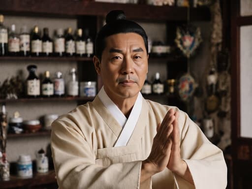 40대의 자신감 있는 흑인 남성이 편안한 전통 복장(한복과 유사)을 입고, 전통 한의원에서 건강 분석을 하고 있는 반신 샷입니다. 평온한 표정을 지으며, 한의원의 배경에는 전통 장식과 약재가 있어 따뜻하고 조화로운 분위기를 강조합니다.
