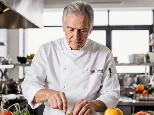 세련된 표정을 지닌 60대 유럽계 남성이 깔끔한 셔츠와 조리복을 입고 반신 촬영된 모습입니다. 밝고 현대적인 요리 학원의 주방에서 재료를 손질하며 요리를 하고 있는 모습으로, 자신감 있고 세련된 분위기를 자아냅니다.