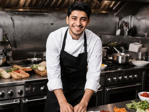 중동계의 10대 초반 남성이 흰색 셰프 자켓과 검정색 앞치마를 입고 식당의 주방에서 신발을 신으며 요리를 준비하고 있습니다. 주방은 다양한 재료와 조리 도구로 가득 차 있어 요리의 매력적인 분위기를 자아냅니다.