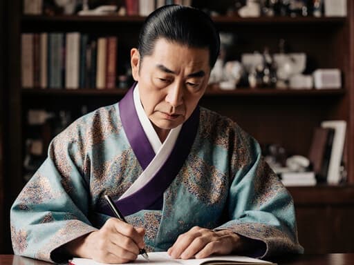 전통 한복을 입고 깔끔하게 정리된 머리카락을 가진 60대 아시아계 남성이 고전적인 의학 도구와 책이 진열된 뜸실에서 진지하게 노트에 작성하고 있는 모습, 진지함과 헌신을 전달합니다.