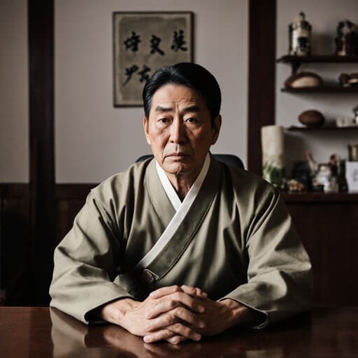 전통 한복 스타일의 의사 가운을 착용한 60대 아시아계 남성이 회의 테이블에 손을 올리고 앉아 있으며, 일에 지친 듯한 피곤한 표정을 짓고 있습니다. 배경은 뜸을 놓을 준비가 된 전통 한의원의 내부를 보여주며, 그의 의료인으로서의 역할을 강조하는 문화적으로 풍부한 분위기를 만들어냅니다.