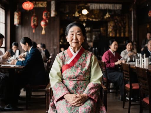 80대의 동양인 여성의 반신 사진으로, 전통 한복을 입고 의자에 앉아 손을 무릎 위에 올리고 지루한 표정을 짓고 있습니다. 배경은 한국 전통 장식이 있는 아늑한 카페로, 전통 놀이를 즐기는 분위기를 강조하고 있습니다.